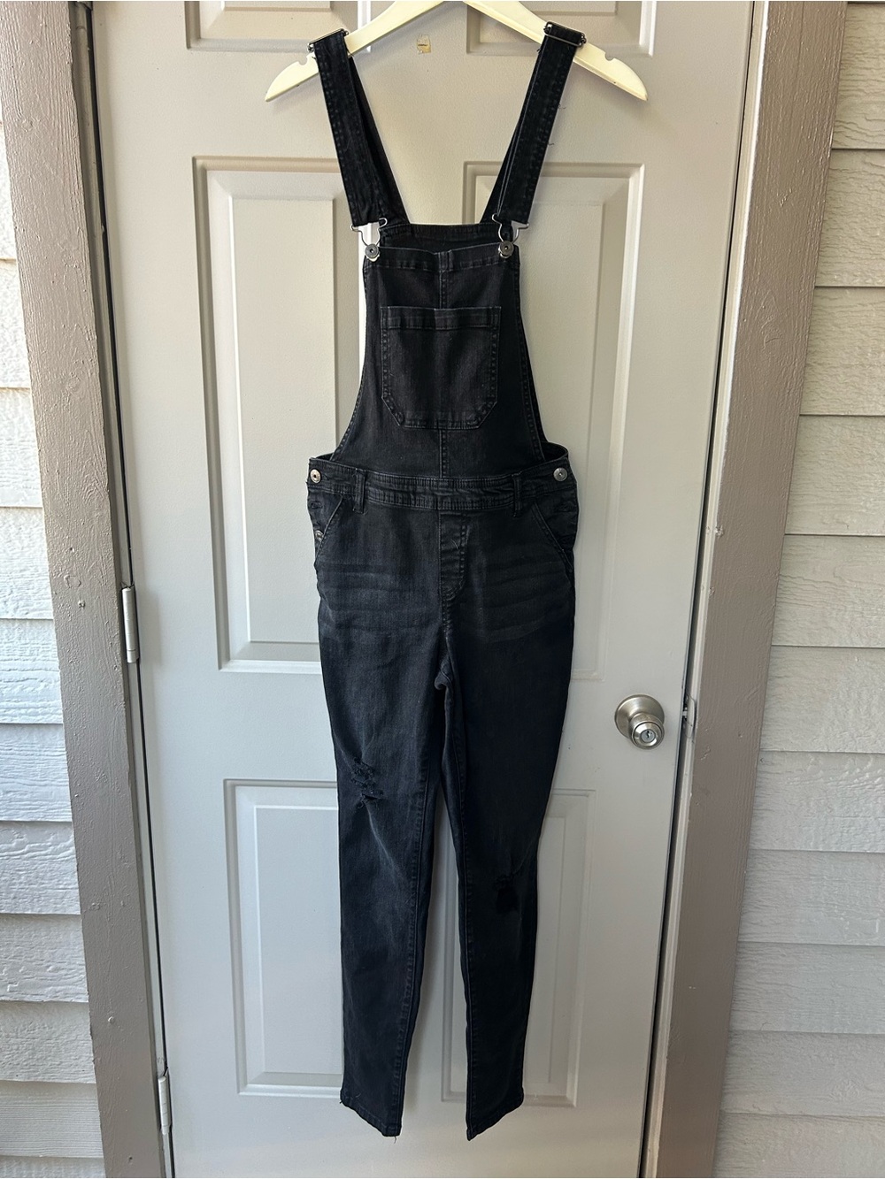 Women’s Black Skinny Distressed Overalls